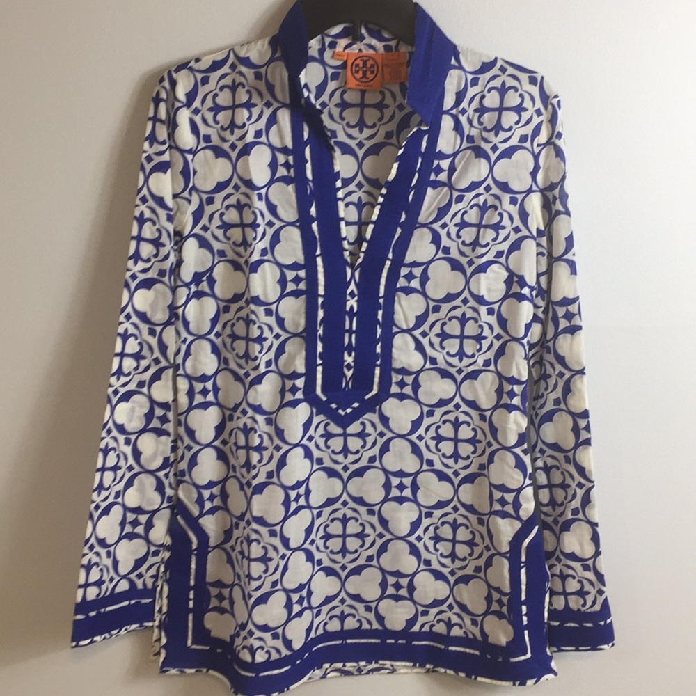 Tory Burch White and Royal Blue Printed Tunic